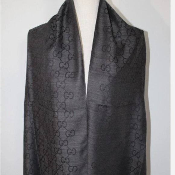 NWT GUCCI Black Jacquard GG Wool Silk Scarf Unisex - Picture 2 of 3